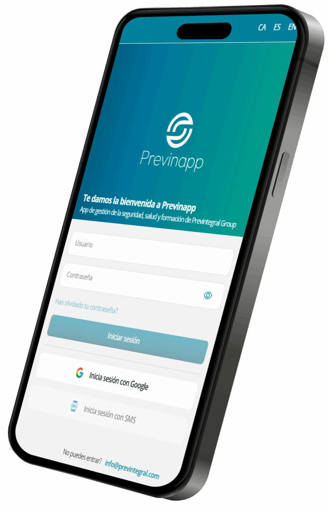 Vista de la app Previnapp en un smartphone, plataforma de gestión en prevención de riesgos laborales, salud y formación para empresas.